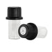 Clear glass vial with black cap on a white background