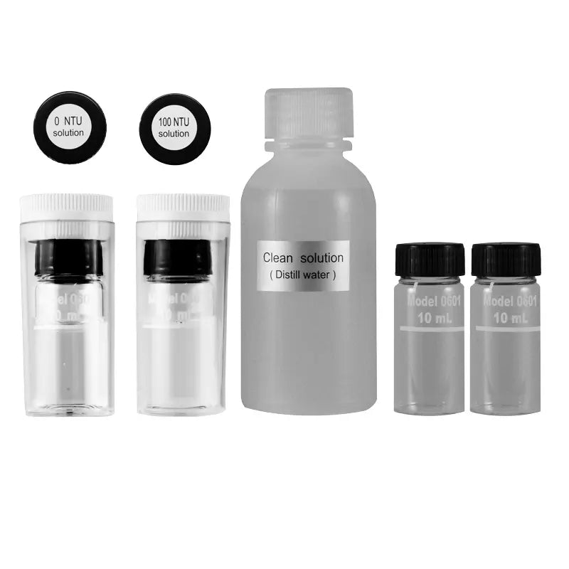 Set of laboratory containers with labels on a white background