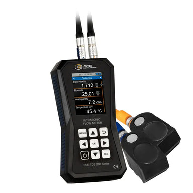 Ultrasonic flow meter with digital display on a white background