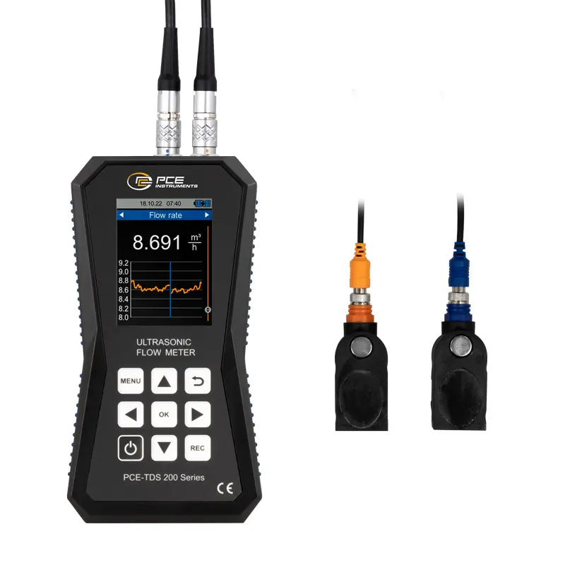 Ultrasonic flow meter with two probes on a white background