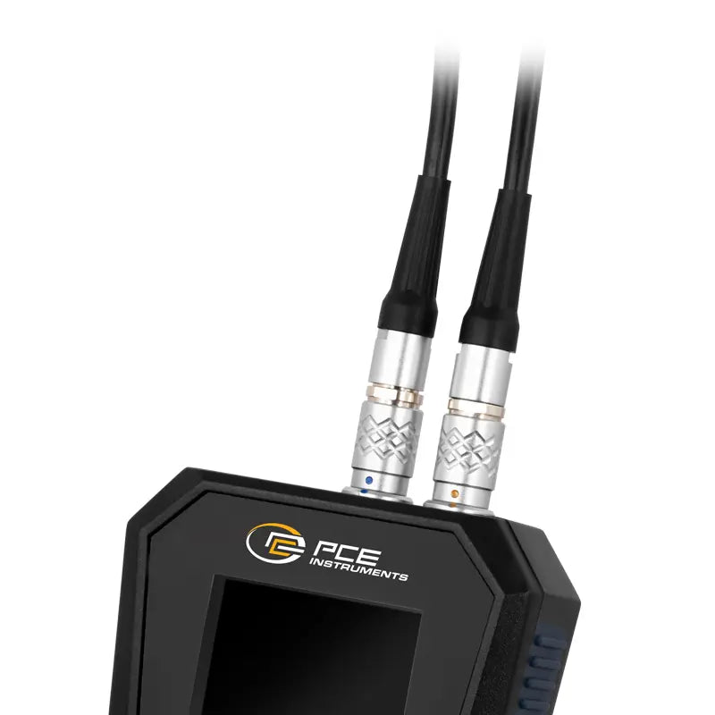 ultrasonic flow meter with cables and PCE Instruments logo on a white background