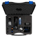 Black tool case with ultrasonic flow meter and accessories on a white background