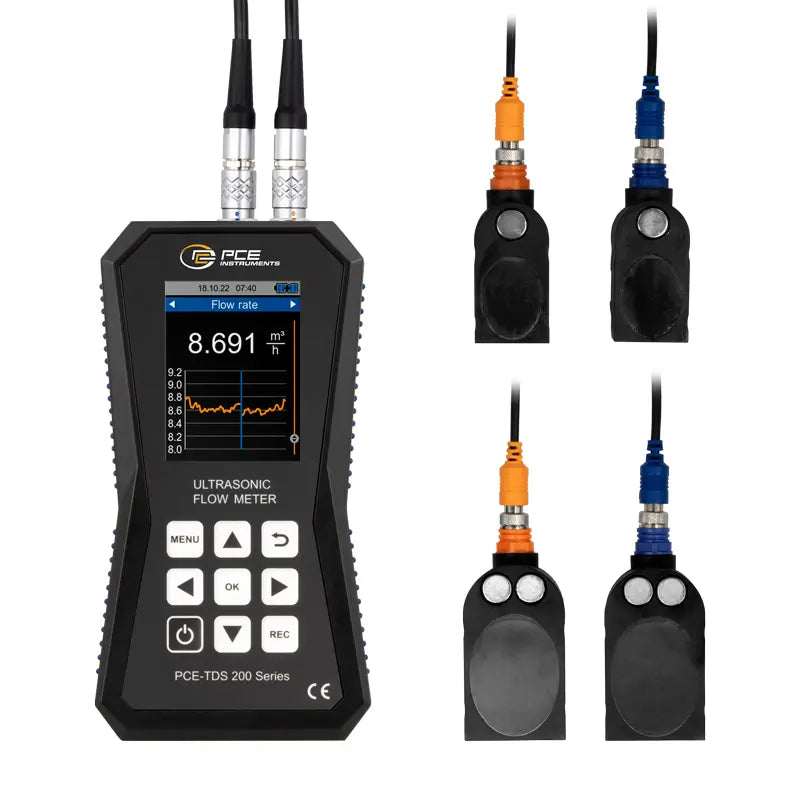 Ultrasonic flow meter with multiple probes on a white background