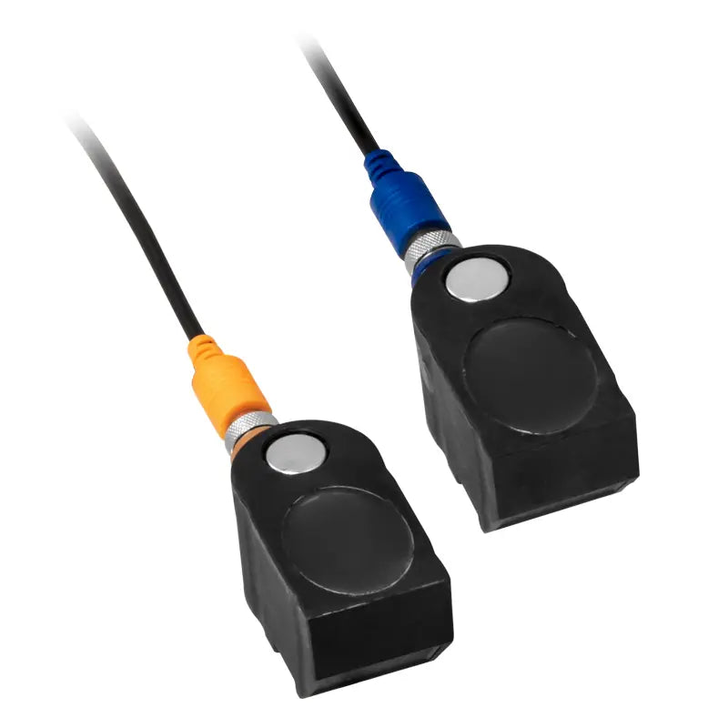 Two black sensors with cables on a white background