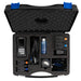 Open black tool case with ultrasonic flow meter and accessories inside on a white background
