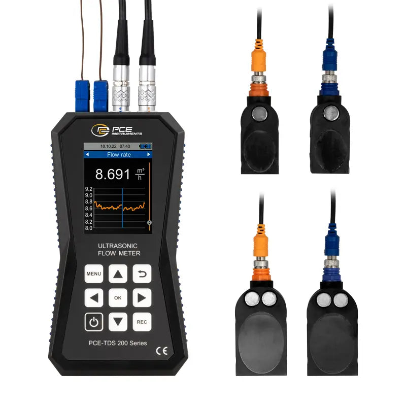 Ultrasonic flow meter with sensors on a white background