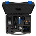 Black tool case with compartments containing various tools and equipment on a white background