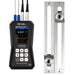 Ultrasonic flow meter with digital display and metal flow nozzle on a white background
