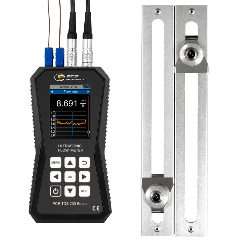 Ultrasonic flow meter with digital display and metal flow nozzle on a white background