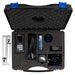 Black tool case with various electronic components and tools on a white background