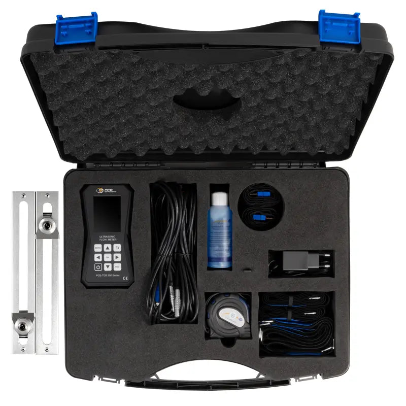 Black tool case with various electronic components and tools on a white background