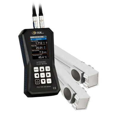 Ultrasonic flow meter with digital display on a white background
