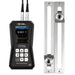 Ultrasonic flow meter with digital display and metal mounting bracket on a white background