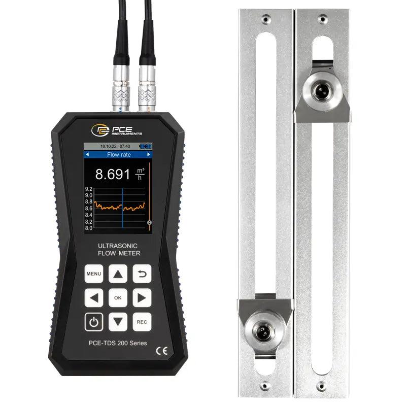 Ultrasonic flow meter with digital display and metal mounting bracket on a white background