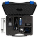 Black foam-lined tool case with ultrasonic flow meter and accessories on a white background