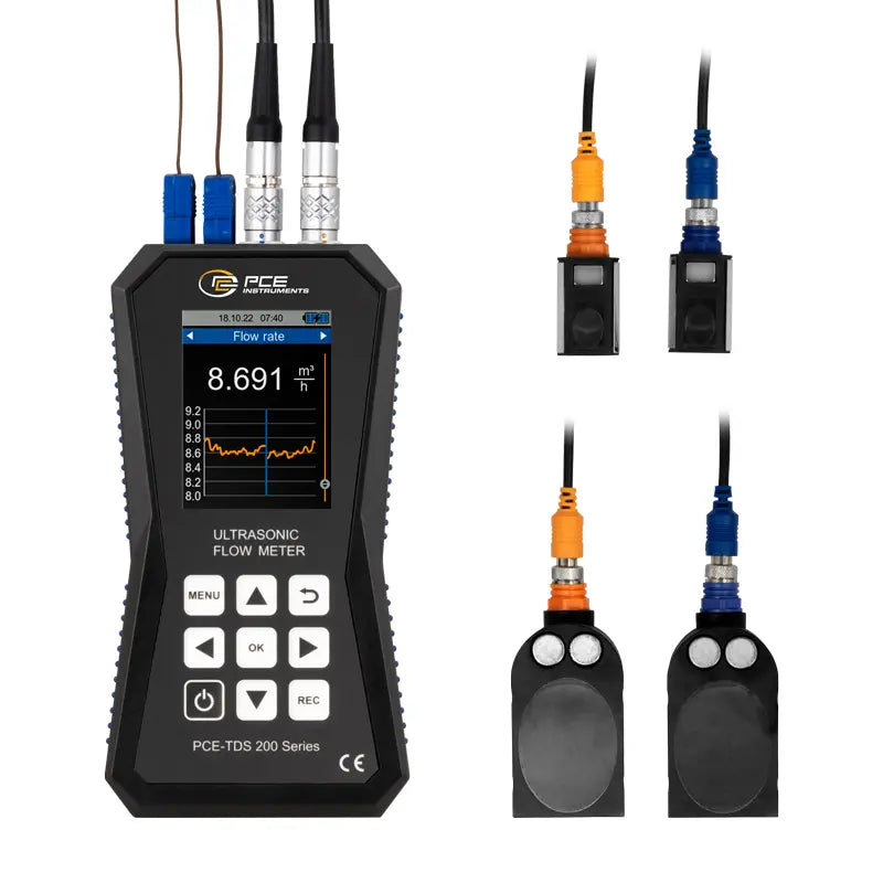 Ultrasonic flow meter with sensors on a white background