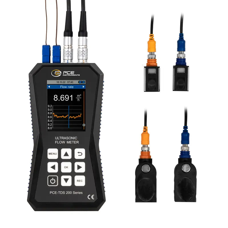 Ultrasonic flow meter with sensors on a white background