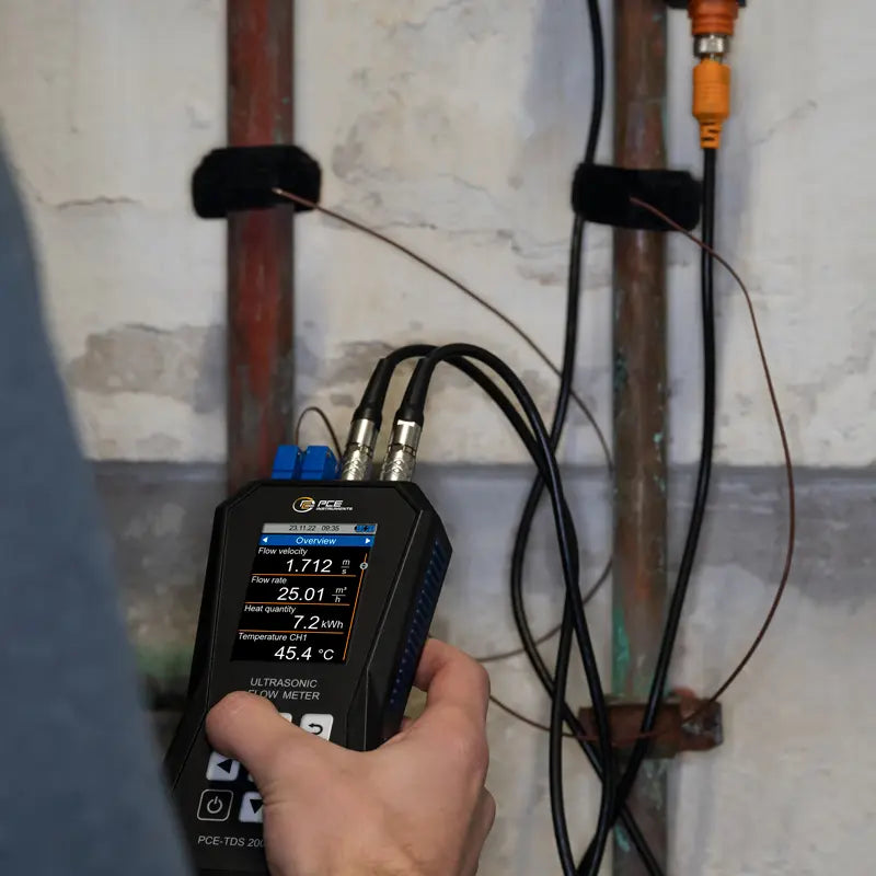 Hand holding an Ultrasonic Flow Meter measuring water flow and temperature next to pipes on a wall.