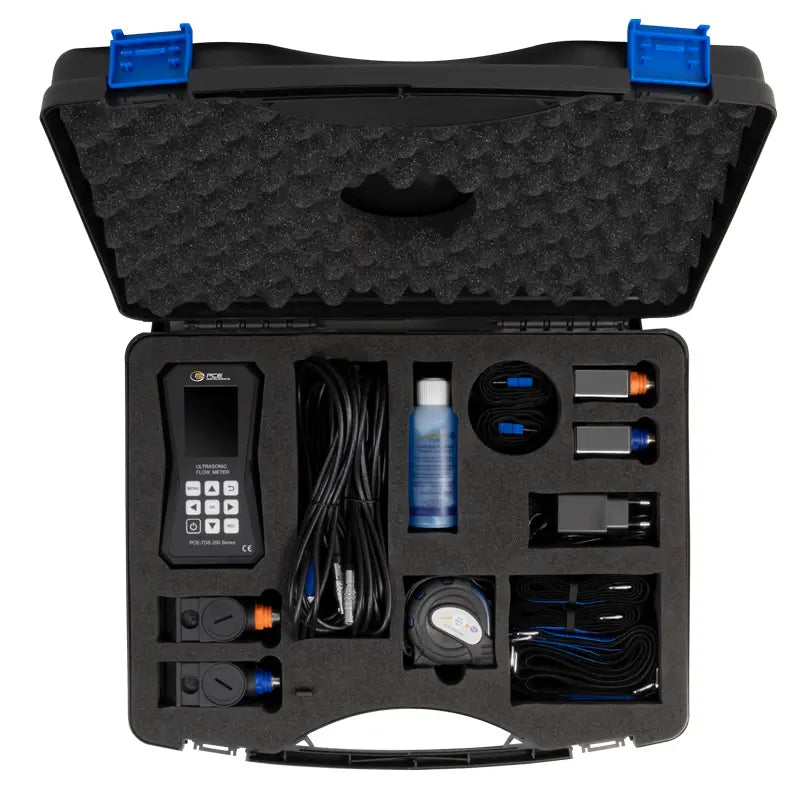 Black tool case with compartments containing electronic equipment and tools on a white background