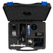 Open black tool case with various tools and equipment inside on a white background