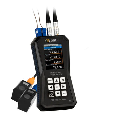 Ultrasonic flow meter with display and probes on a white background
