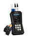 Ultrasonic flow meter with display and probes on a white background