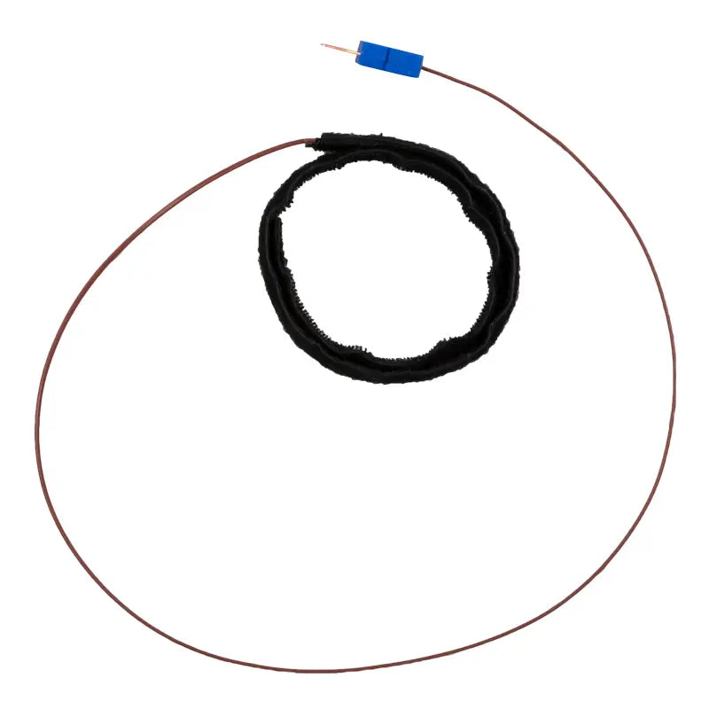 Coiled black cable with a blue connector on a white background