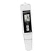 Digital water analysis meter with a white body and black display on a white background