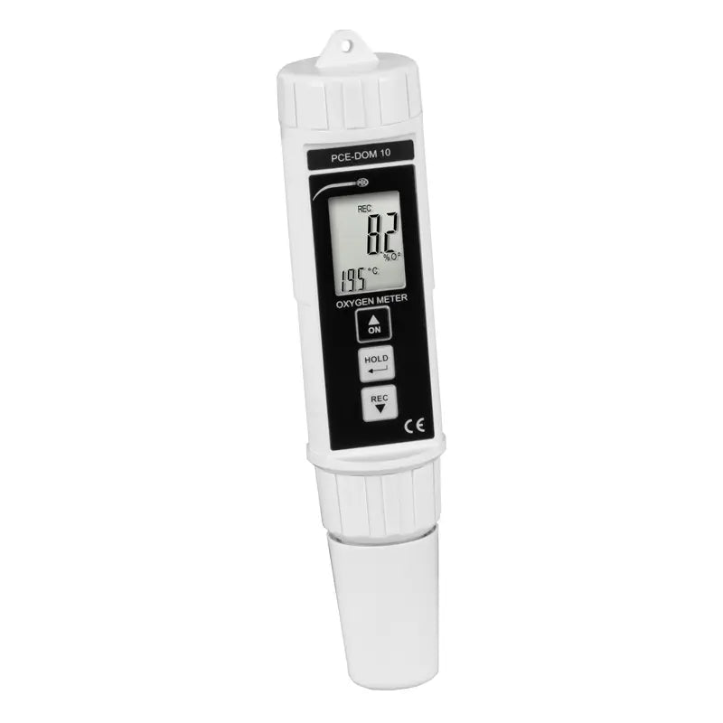 Digital water analysis meter with a white body and black display on a white background