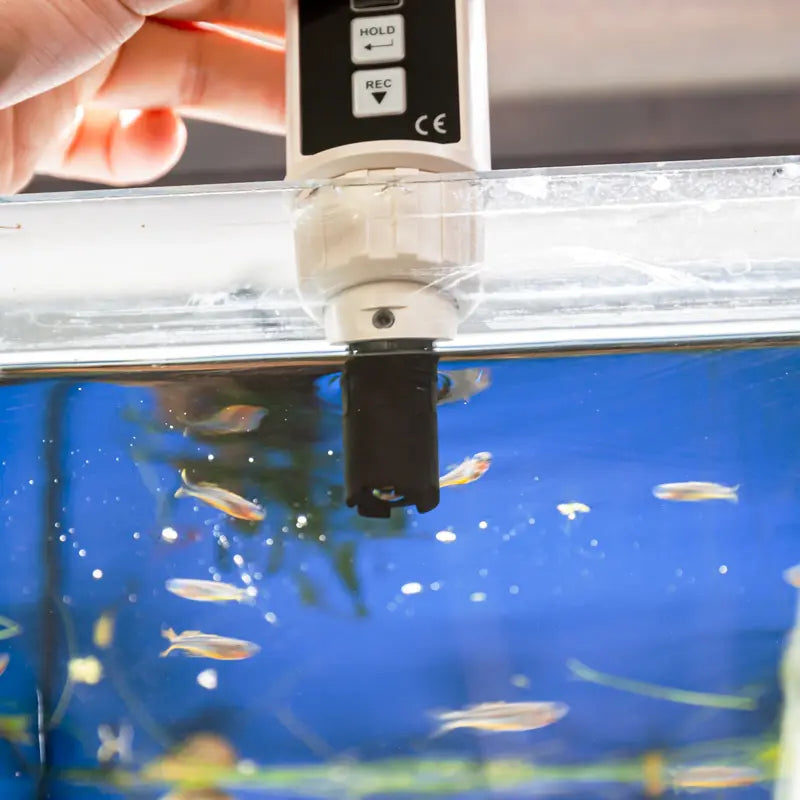 water analysis meter mounted on an aquarium with fish swimming below