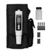 water analysis meter with carrying case, batteries, and a bottle on a white background