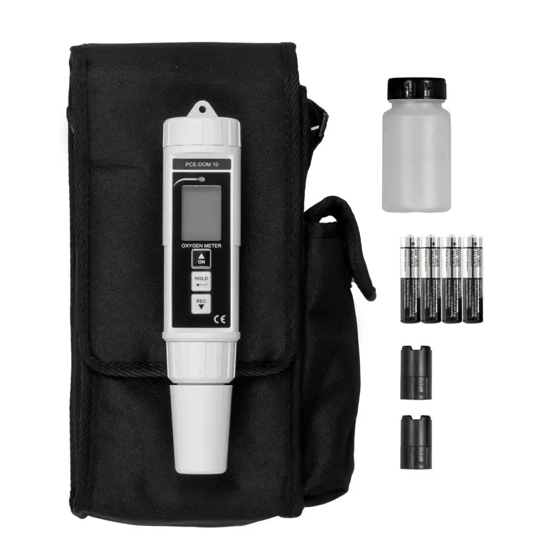 water analysis meter with carrying case, batteries, and a bottle on a white background