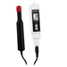 Digital pH meter with a black probe on a white background